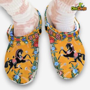 Floral Horse Clogs - Women's Black Slip On Shoes - Image 2