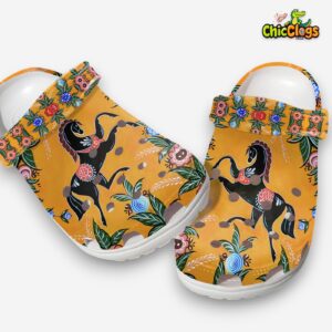 Floral Horse Clogs - Women's Black Slip On Shoes - Image 4