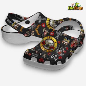 Gun & Roses Halloween Crocs - Black Classic Clogs - Image 1