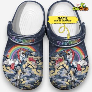Unicorn Riding Dinosaur Classic Crocs For Men, Women, Kids - Image 1