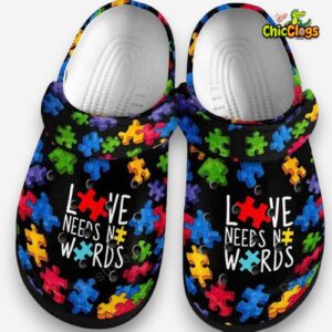 Autism Awareness Day Love Needs No Words Puzzle Piece Crocband Clog Shoes - Image 1