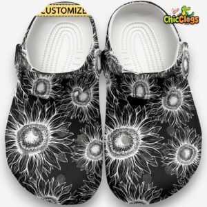 Black And White Sunflower Pattern Classic Crocs For Men, Women, Kids - Image 1