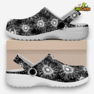 Black And White Sunflower Pattern Classic Crocs For Men, Women, Kids - Image 2