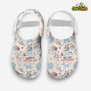 Celebrating Happy Birthday With Bluey Cute Beige 3D Printed Classic Crocs Shoes - Image 1