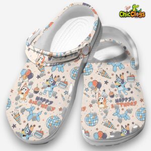 Celebrating Happy Birthday With Bluey Cute Beige 3D Printed Classic Crocs Shoes - Image 2