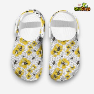 Classic Pretty Bee Pattern White Classic Crocs Shoes - Image 1
