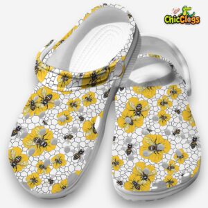 Classic Pretty Bee Pattern White Classic Crocs Shoes - Image 2
