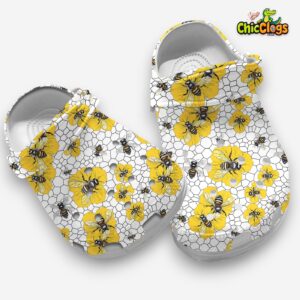 Classic Pretty Bee Pattern White Classic Crocs Shoes - Image 3