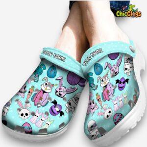 Custom Name Creepy Cute Spooky Easter Light Blue Unisex Crocs - Image 1