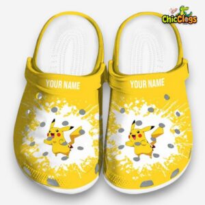 Custom Name Pikachu Pokemon Splatter Background 3D Printed Classic Crocs Shoes - Image 3