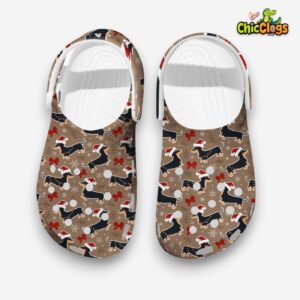 Funny Cute Christmas Theme Dachshund Wearing Santa Hat Pet Clogs - Image 1