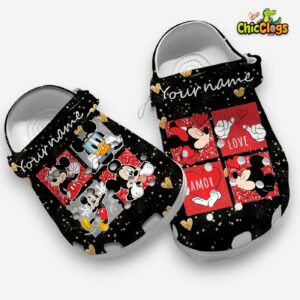 Funny Mickey And Minnie Love Amor Black Glitter Clogs - Image 3