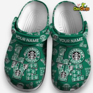 Personalized LOVE Starbucks Coffee Green Clogs Shoes - Image 1